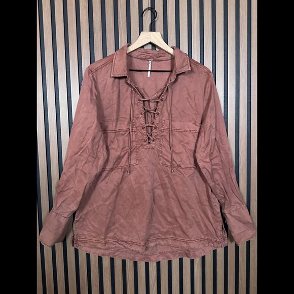 Free People Lace Up Top Large Womens Rusty Pink Twill Chambray Long Sleeve - Picture 1 of 8